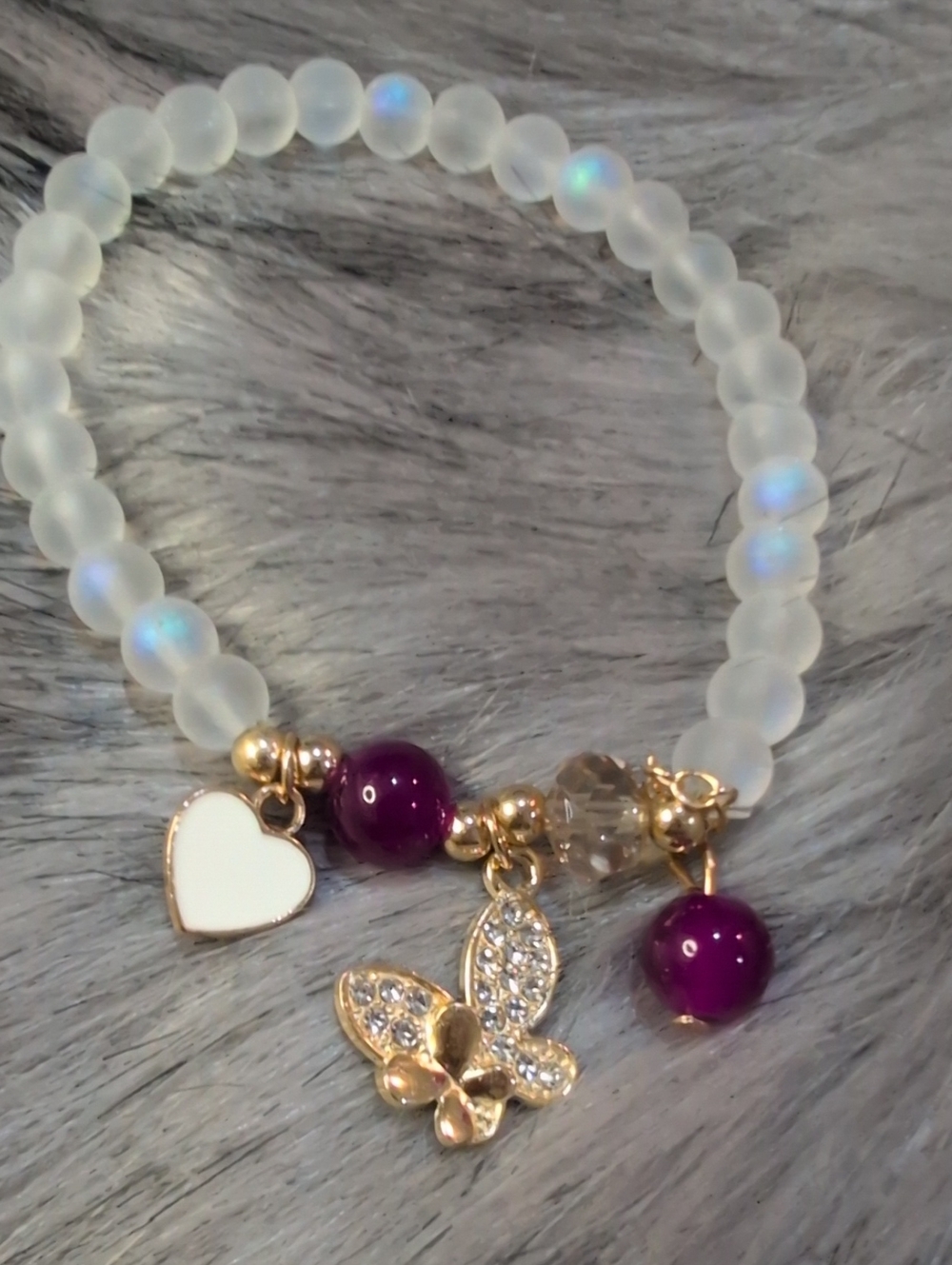 Gold Tone Butterfly & Heart Charm Beaded Bracelet